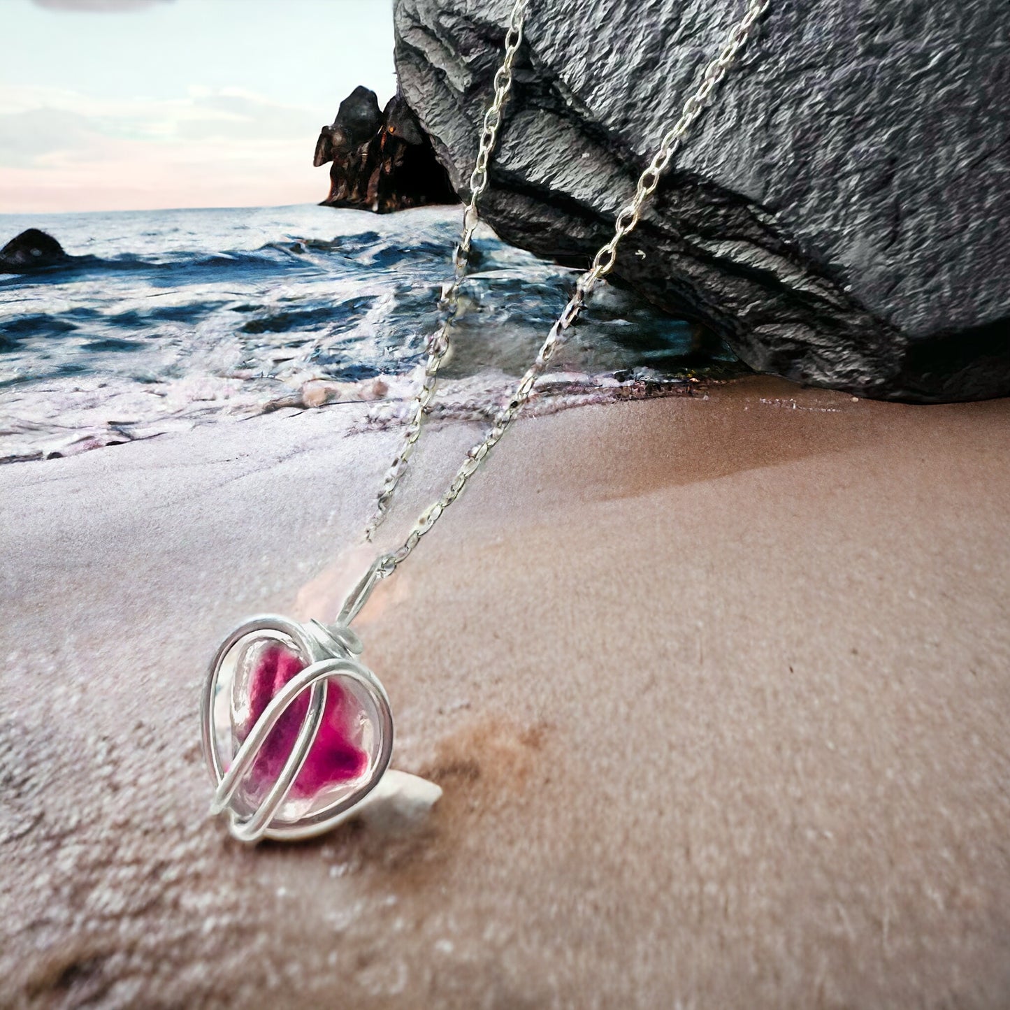 Seaham Sea Glass Multi Tone Pink Heart Pendant