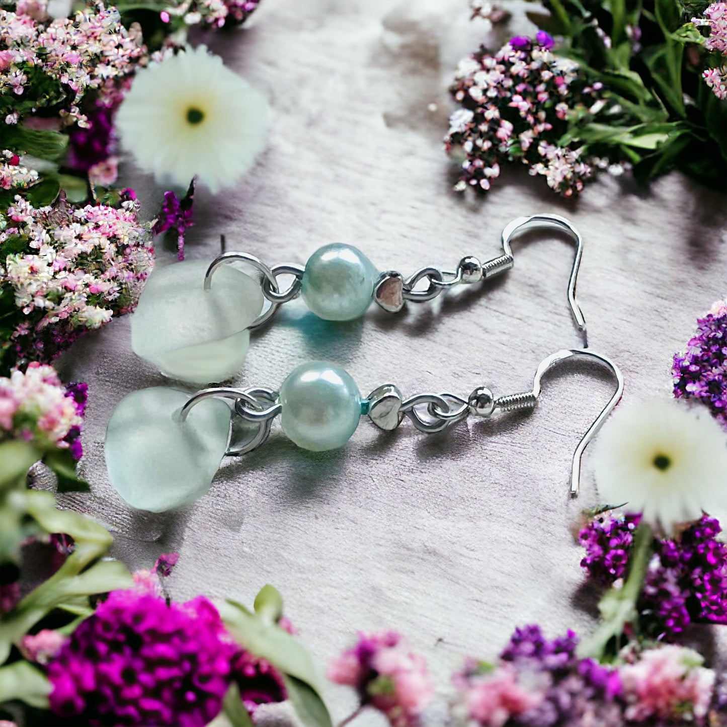 Sea Glass & Glass Pearl Mini Heart Drop Earrings