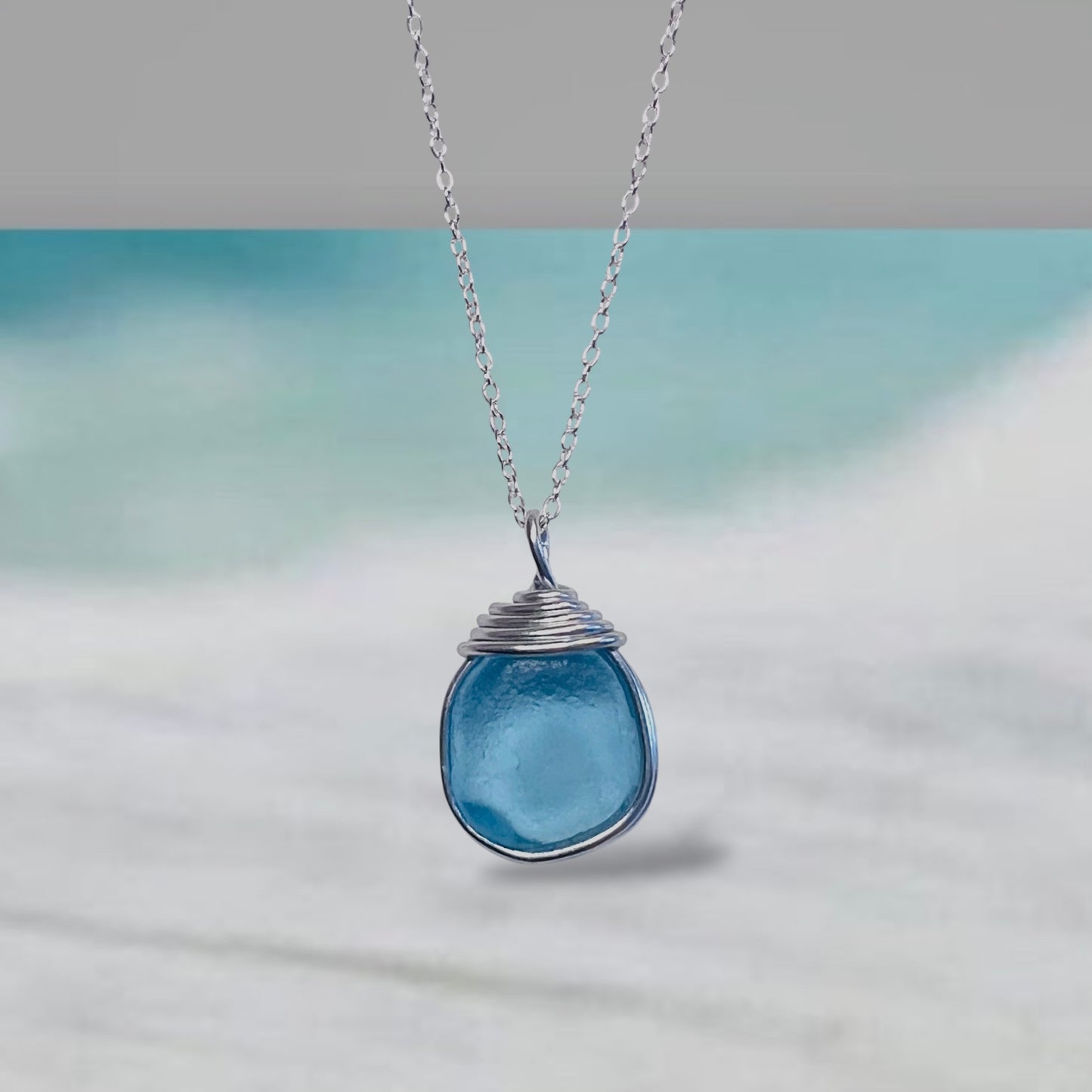 Bright Aqua Blue Seaham Sea Glass Pendant