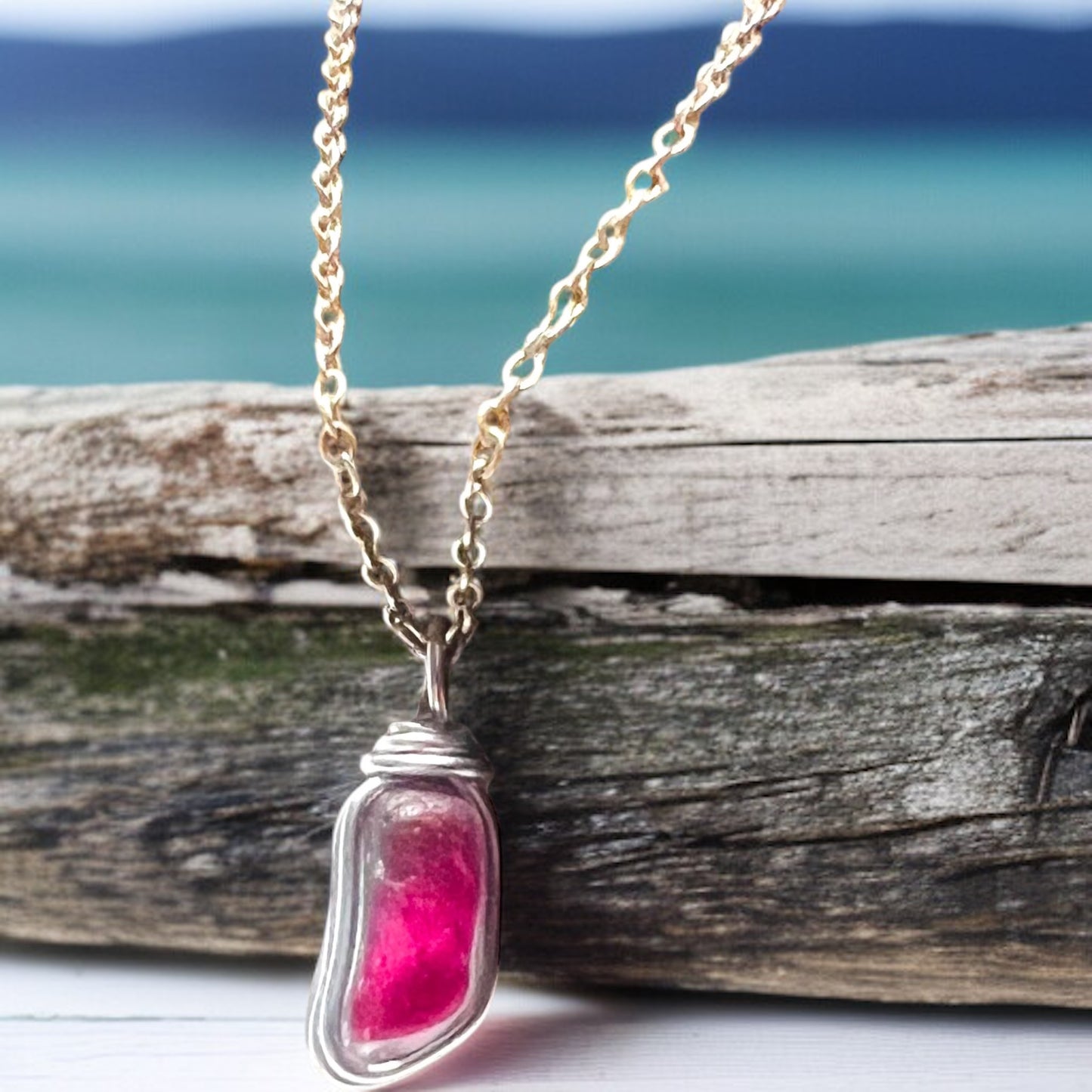 Rare Pink Seaham Sea Glass Multi Tone Pendant .