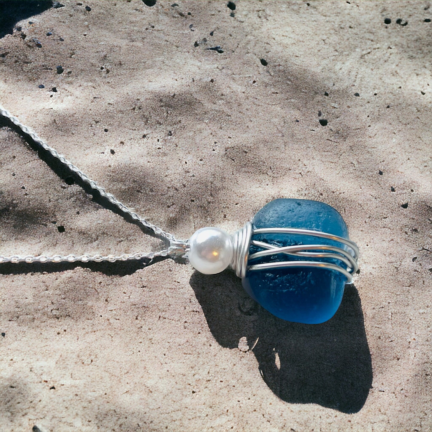 Large Chunky Blue Seaham Sea Glass Pebble Pendant