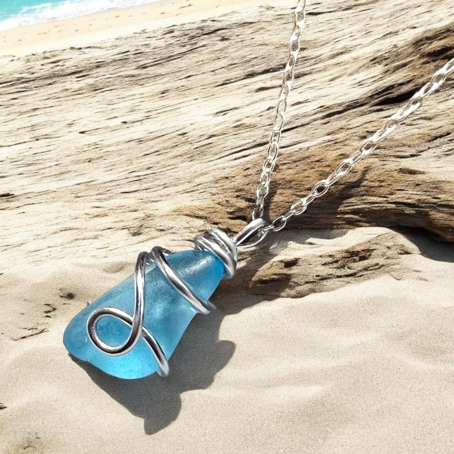 Rare Pale Bright Blue Seaham Sea Glass Pendant