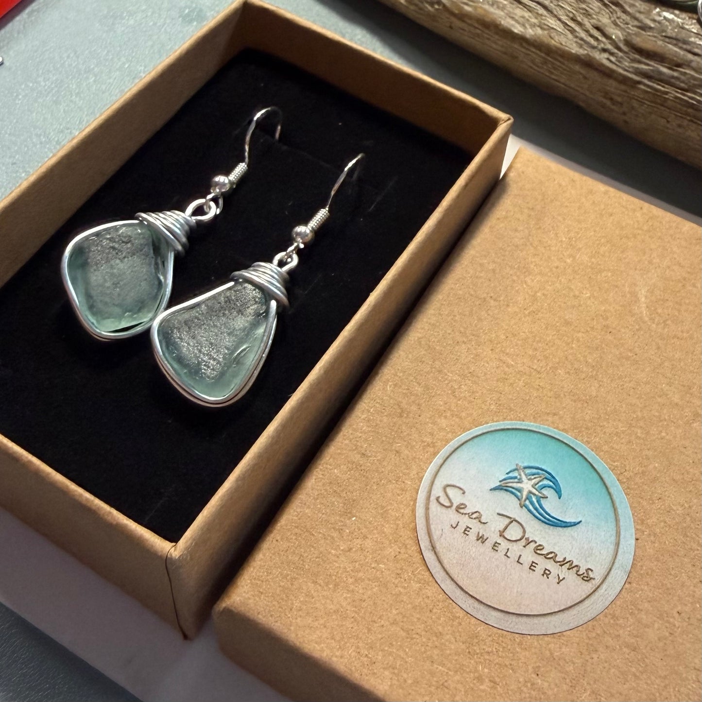 Pale Aqua Green Seaham Sea Glass Earrings