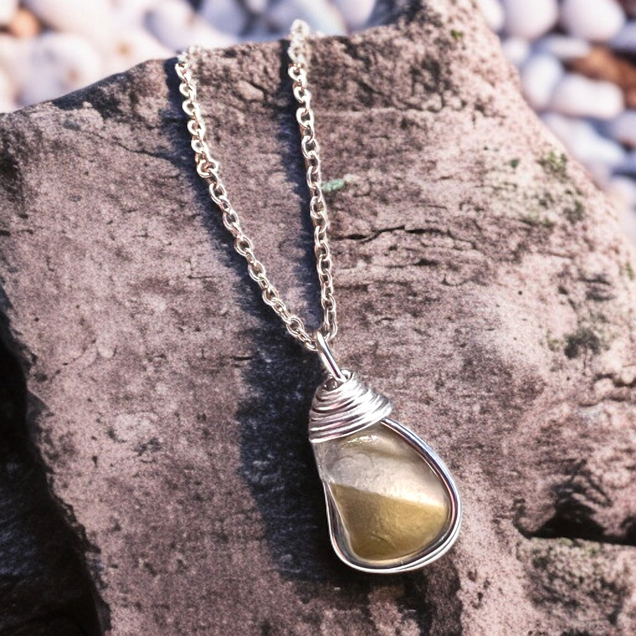 Rare Olive Stripes Green Seaham Sea Glass Chunky Pendant