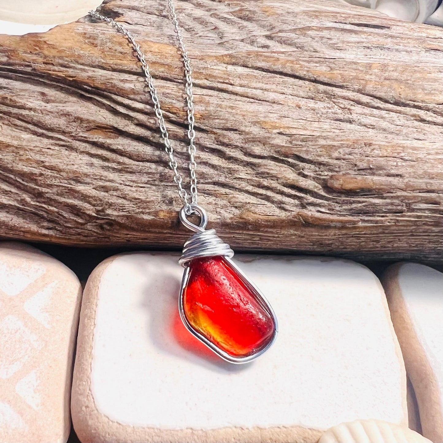 Very Rare Red and Orange and Yellow Seaham Sea Glass Multi Pendant