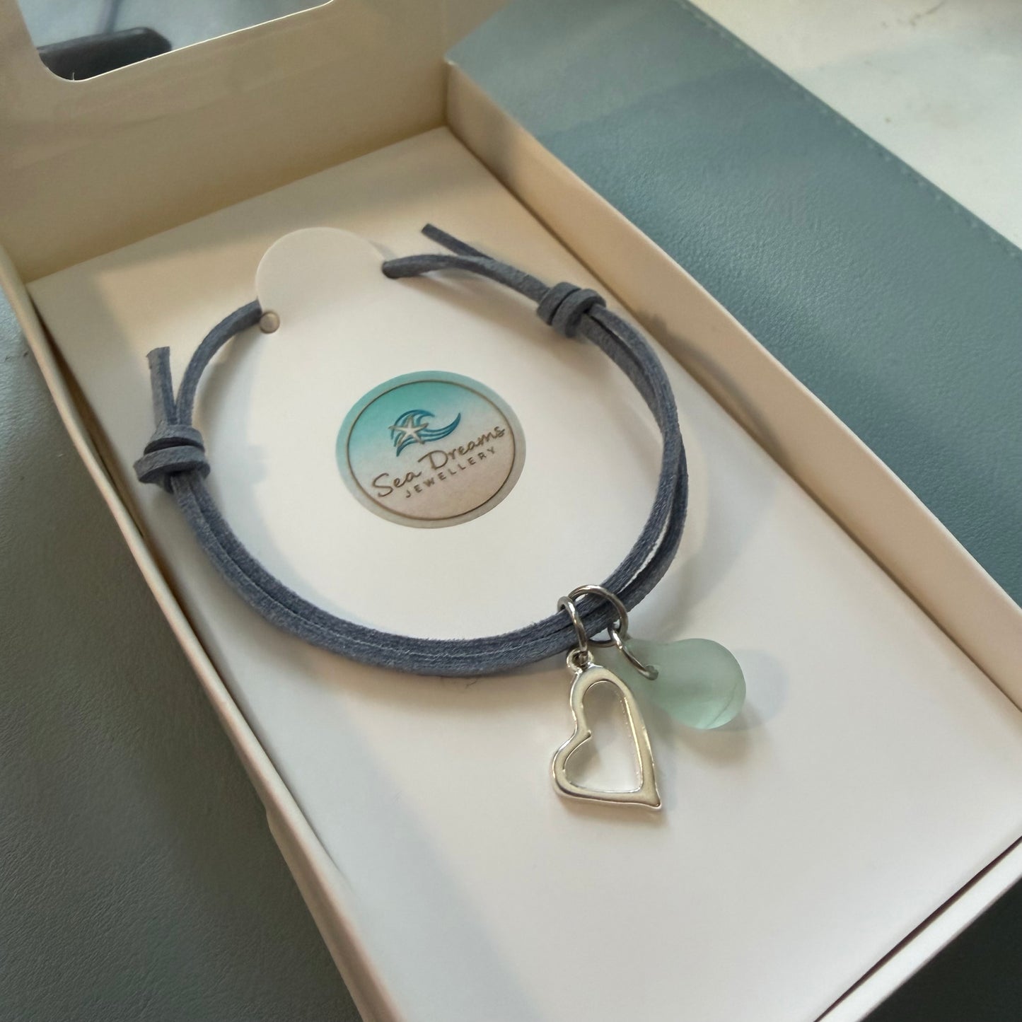 Sea Glass Heart Charm amd Sea Glass Suede Cord Bracelet