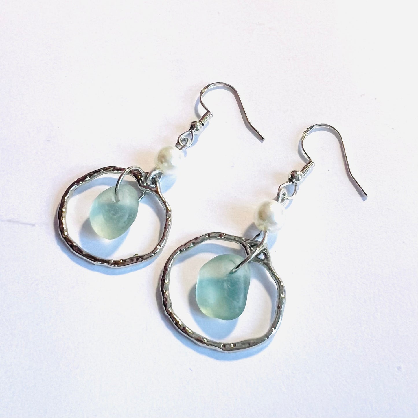 Aqua Sea Glass Frame & Pearl Earrings