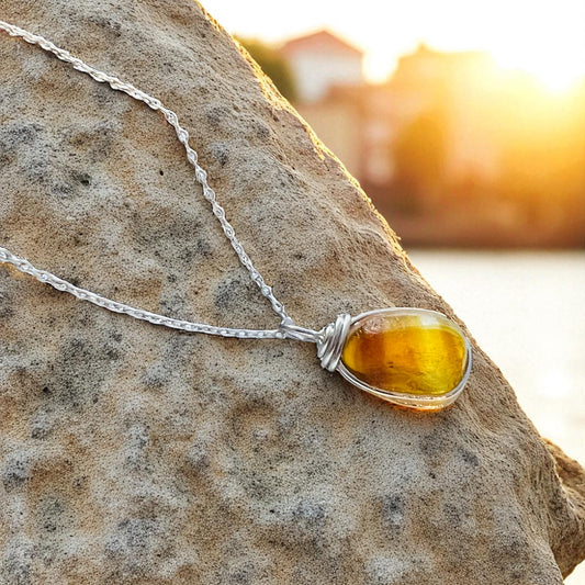 Yellow and Brown Seaham Sea Glass Pendant on a 20” Sterling Silver Chain .