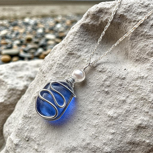 Mid Blue Seaham Sea Glass Waves Pendant