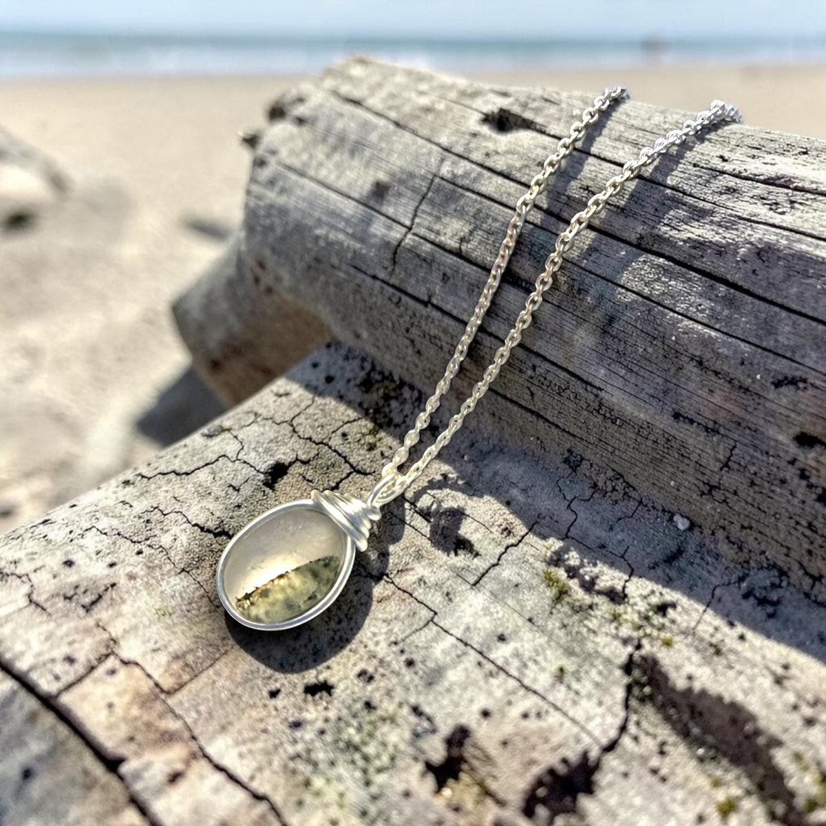 Small Olive and White Seaham Sea Glass Speckled Multi Pendant
