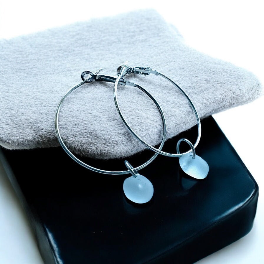 Pale Dusky Blue/Gray Seaham Sea Glass Hoop Earrings