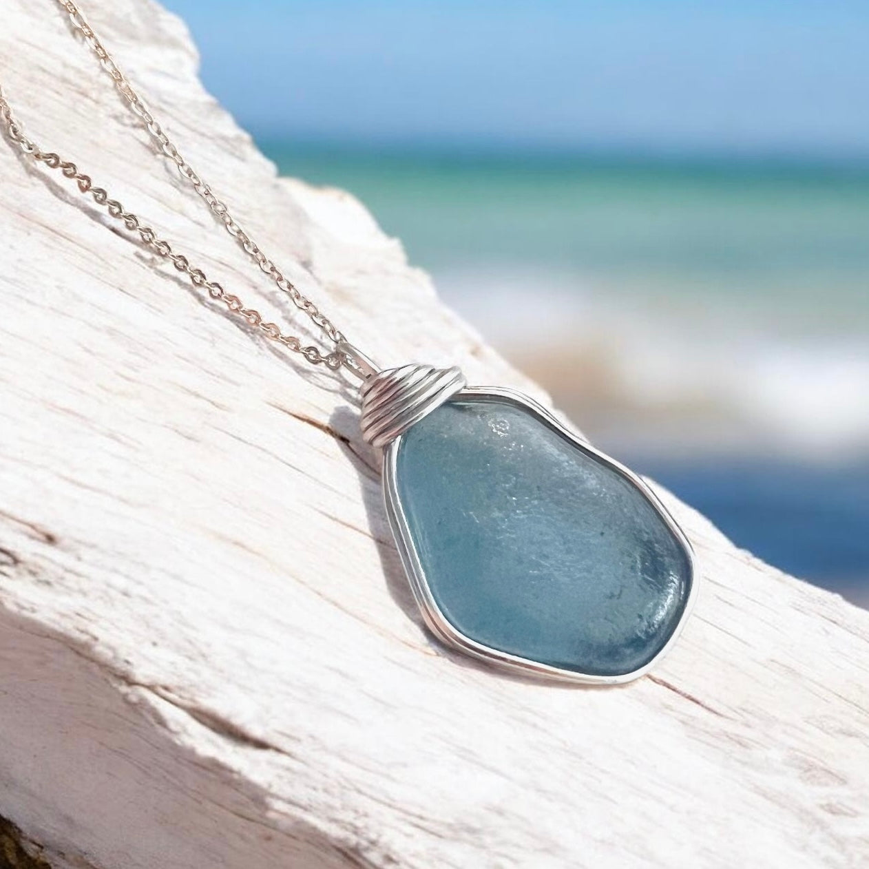 Large Dusky Blue Seaham Sea Glass Pendant