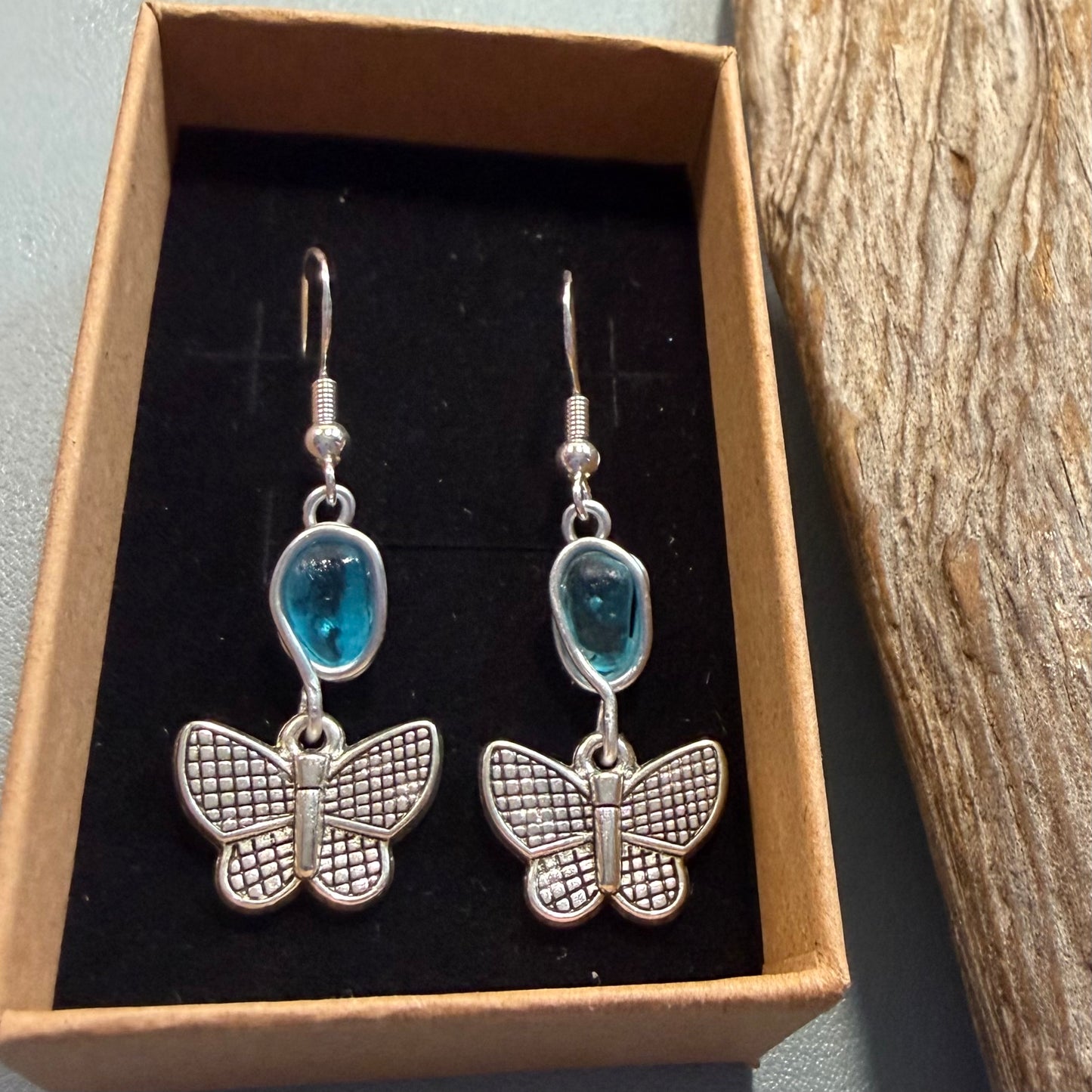 Blue Seaham Sea Glass Butterfly Charm Earrings