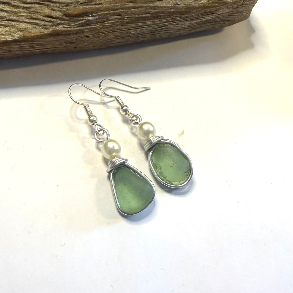 Devon Sea Glass & Ivory Glass Pearl Bead Earrings