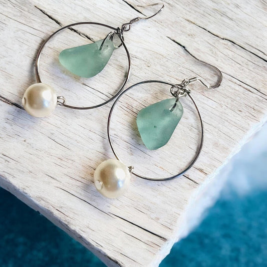 Statement Seaham Sea Glass and Glass Pearl Earrings