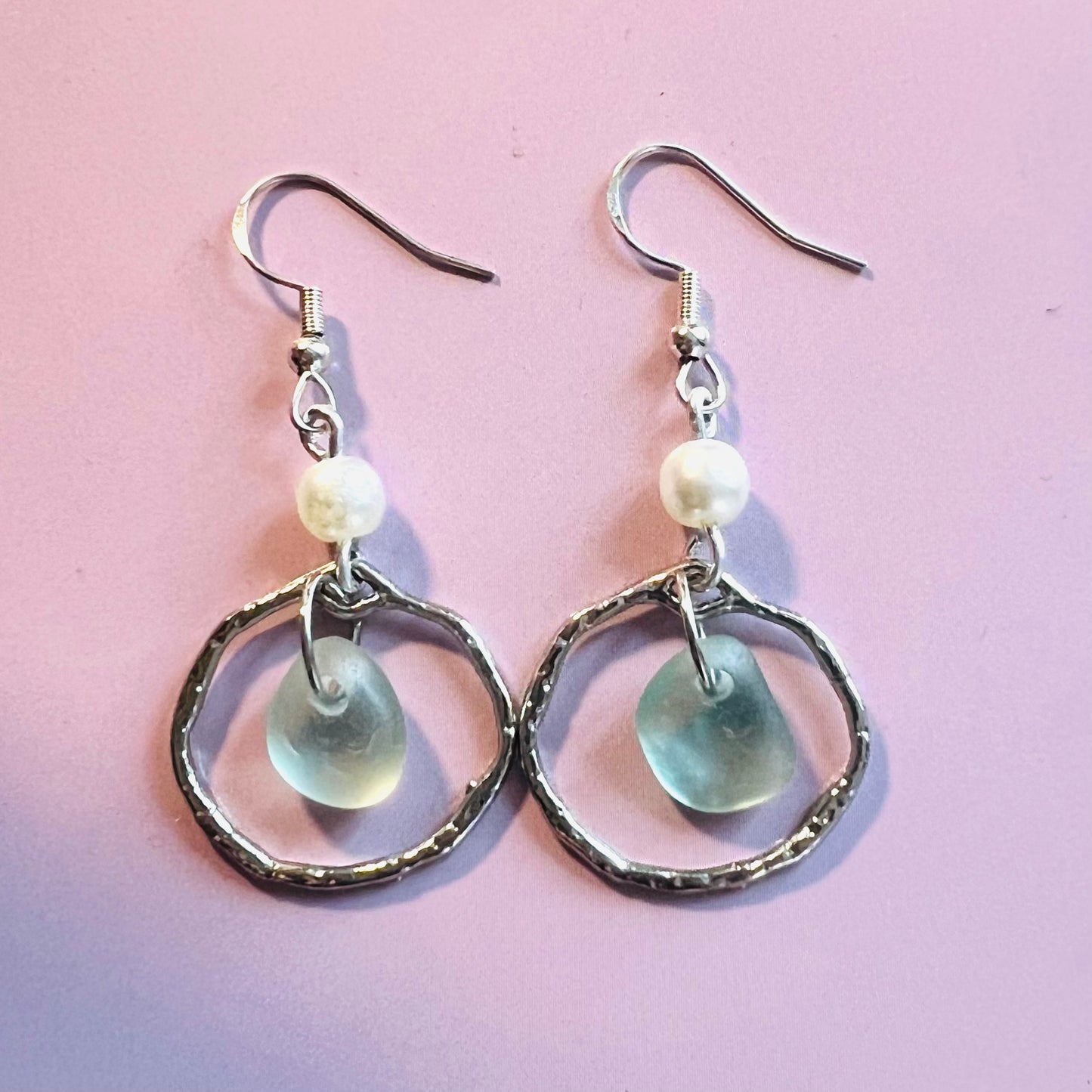 Aqua Sea Glass Frame & Pearl Earrings
