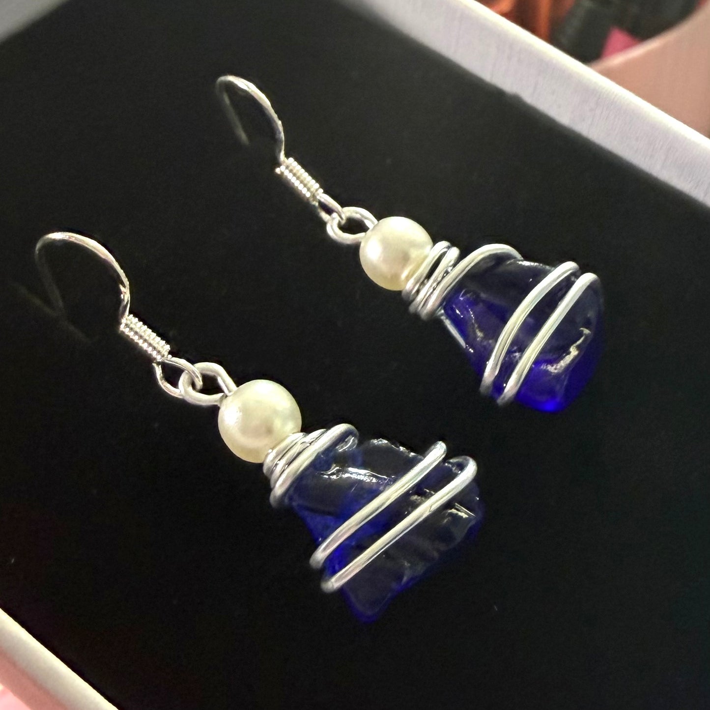 Deep Kent Blue Sea Glass Stud Earrings