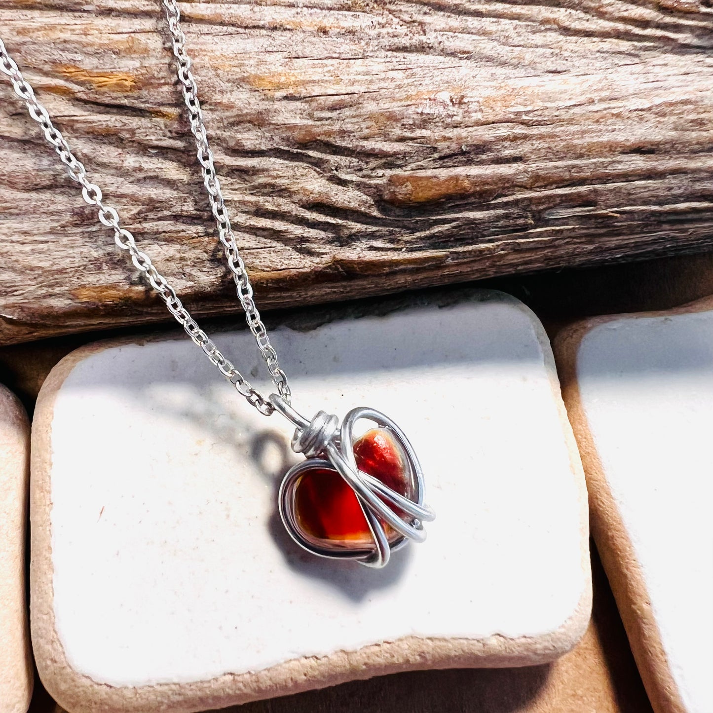 Small Rare Orange Tones Seaham Sea Glass Heart Pendant