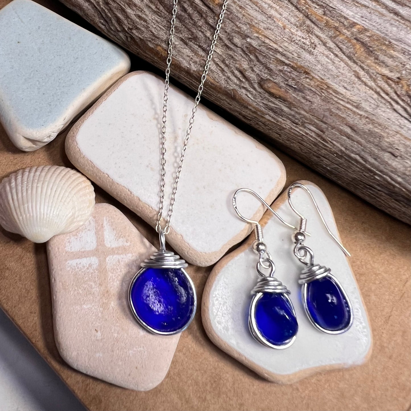 Deep Blue Seaham Sea Glass Jewellery Set