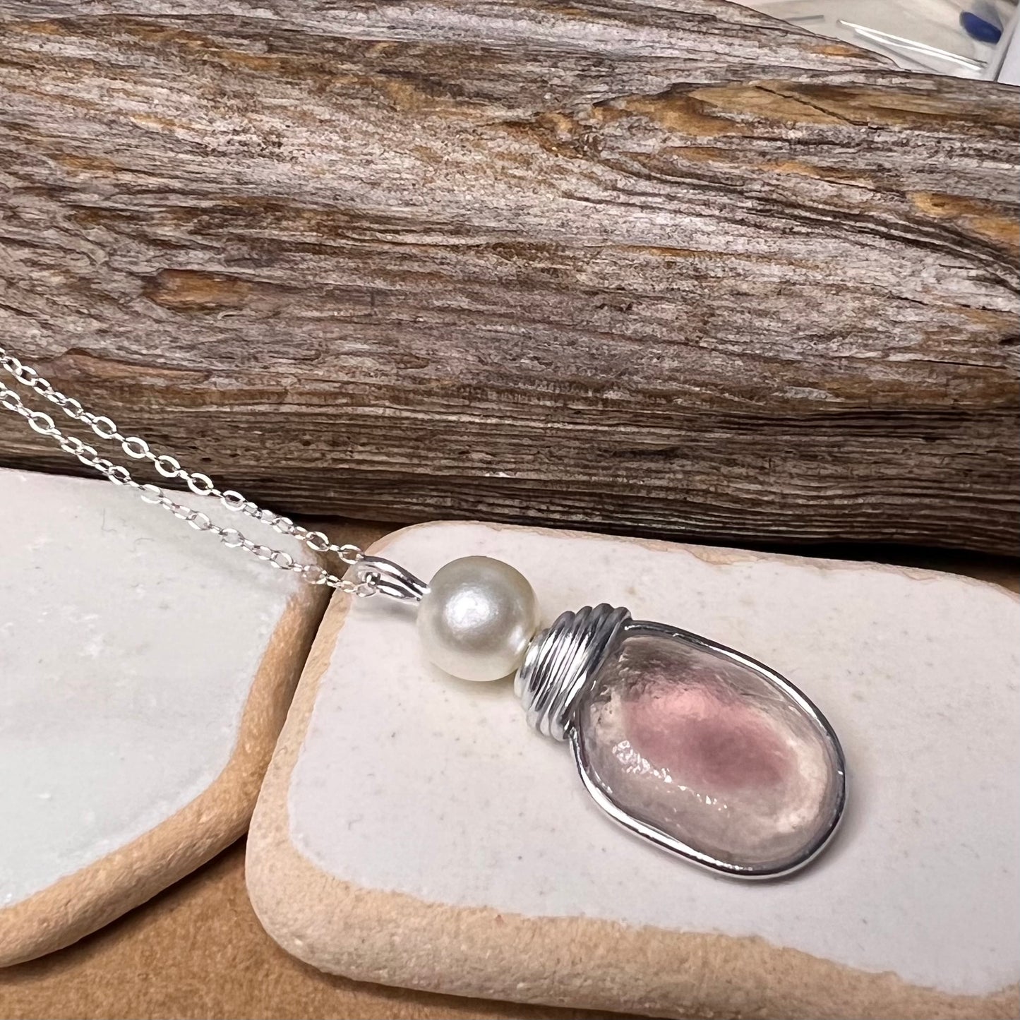 Pale Pale Pink & White Seaham Sea Glass Multi Pendant
