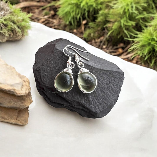 Dangly Pale Dusky Green Seaham Sea Glass Earrings