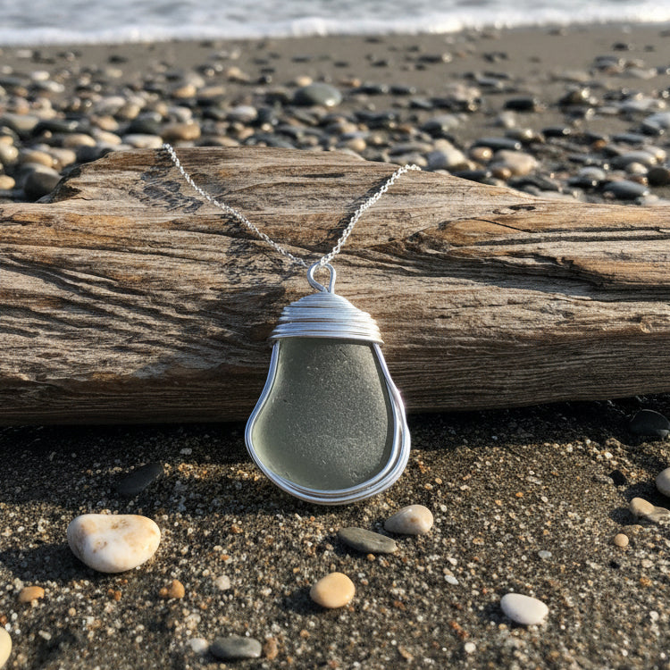 Large Dusky Grey Seaham Sea Glass Pendant