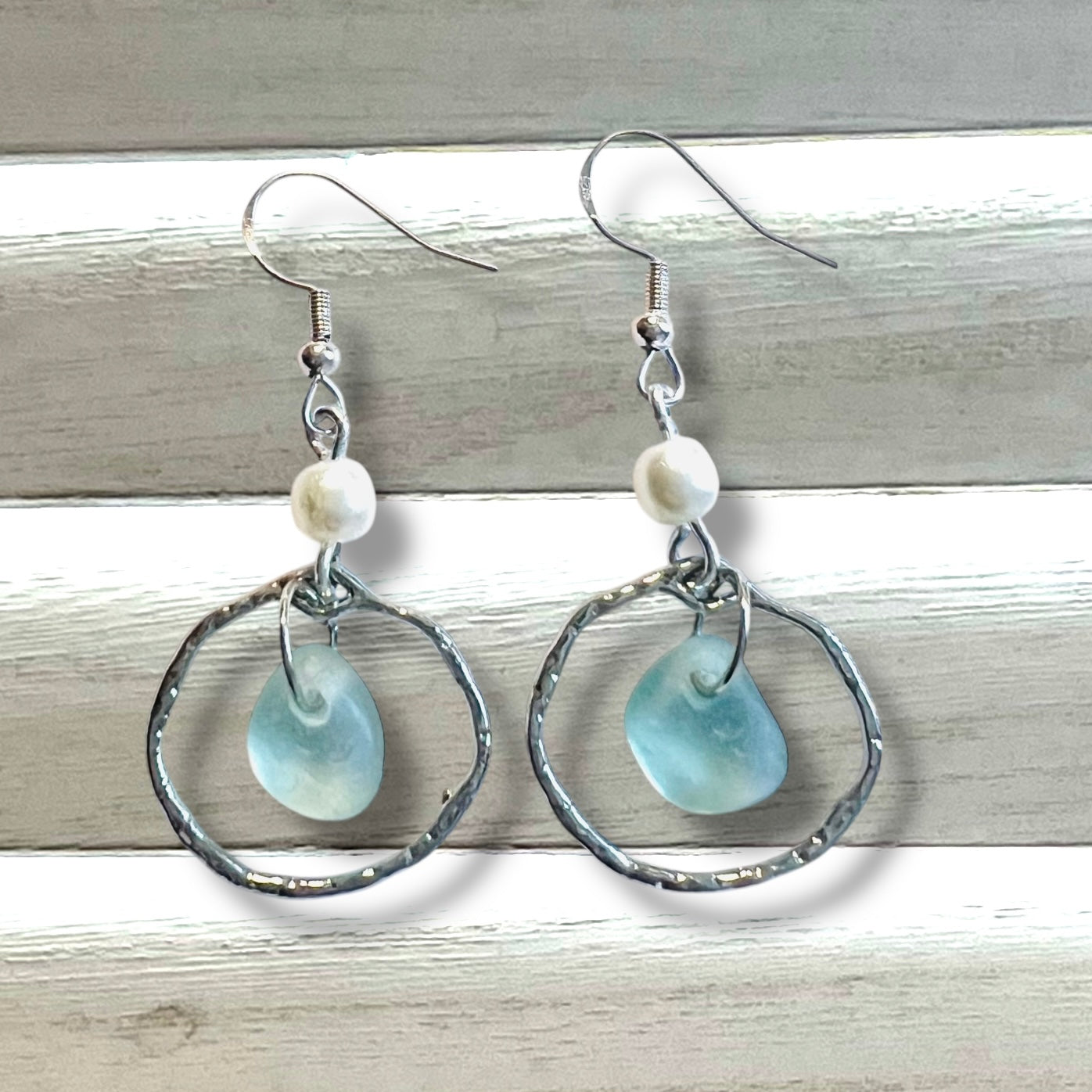 Aqua Sea Glass Frame & Pearl Earrings