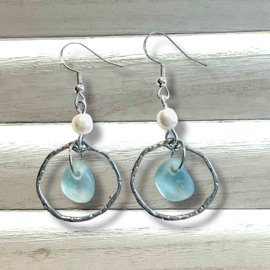 Aqua Sea Glass Frame & Pearl Earrings