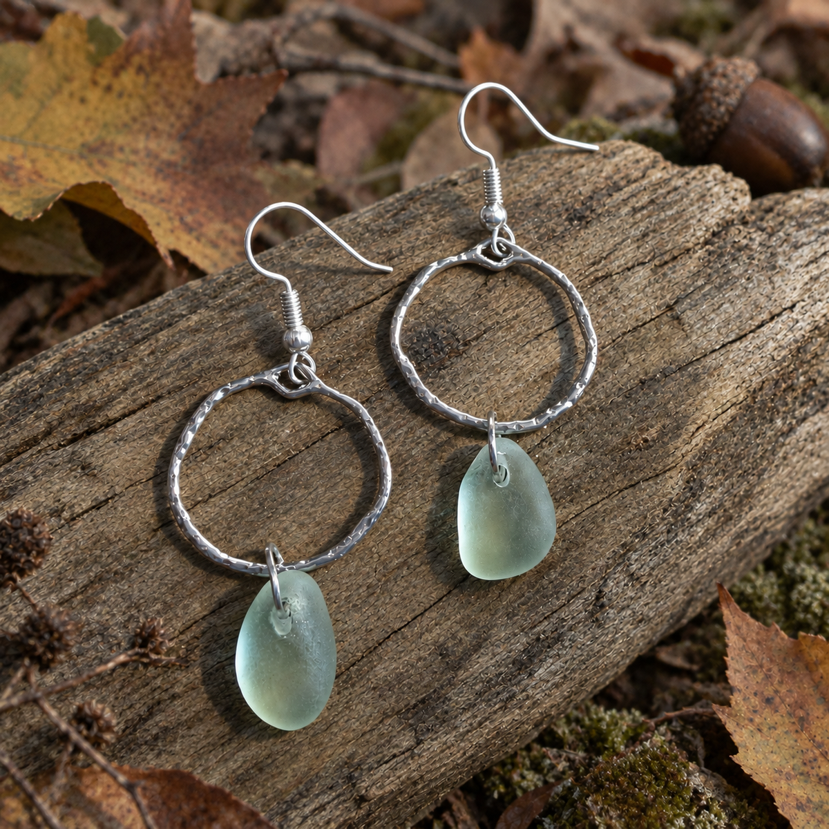 Pale Aqua Seaham Sea Glass Frame Circle Drop Earrings