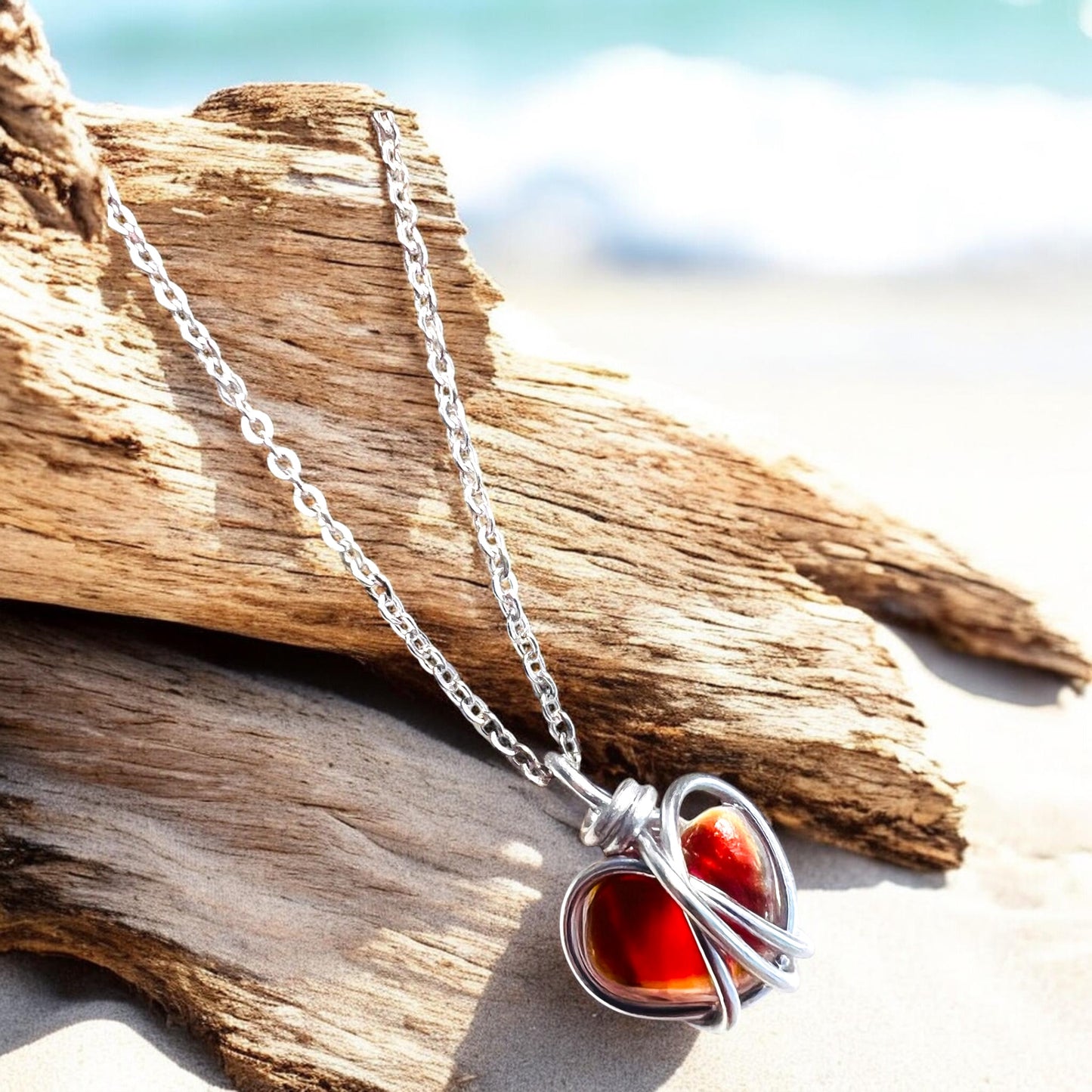 Small Rare Orange Tones Seaham Sea Glass Heart Pendant