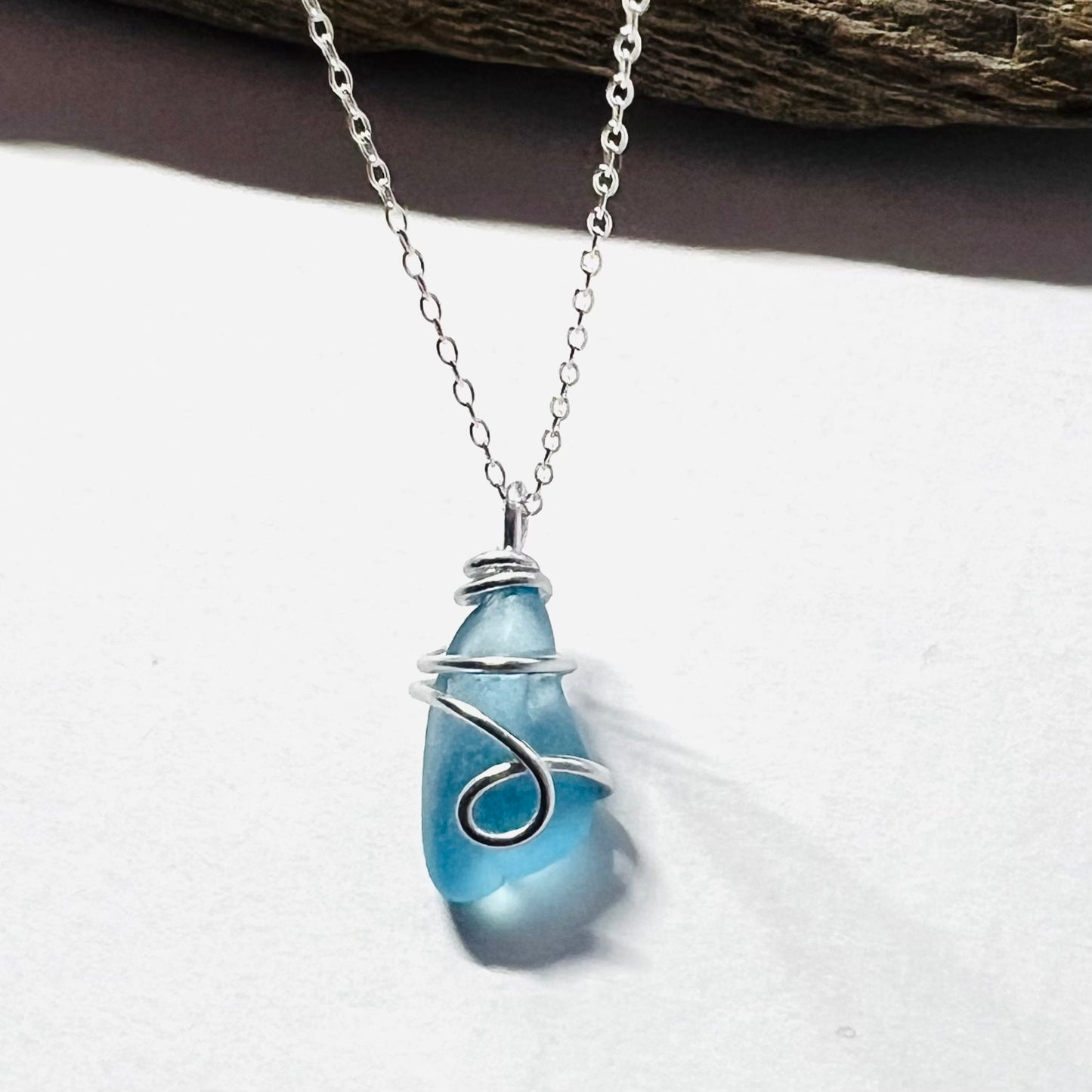 Rare Pale Bright Blue Seaham Sea Glass Pendant