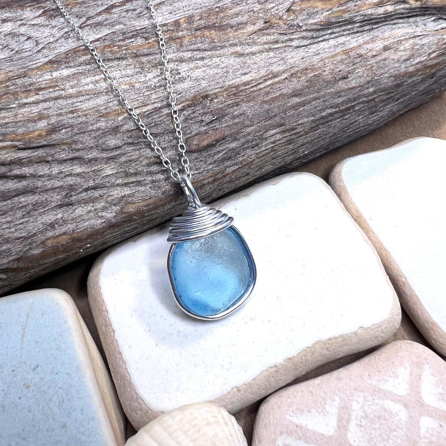 Bright Aqua Blue Seaham Sea Glass Pendant