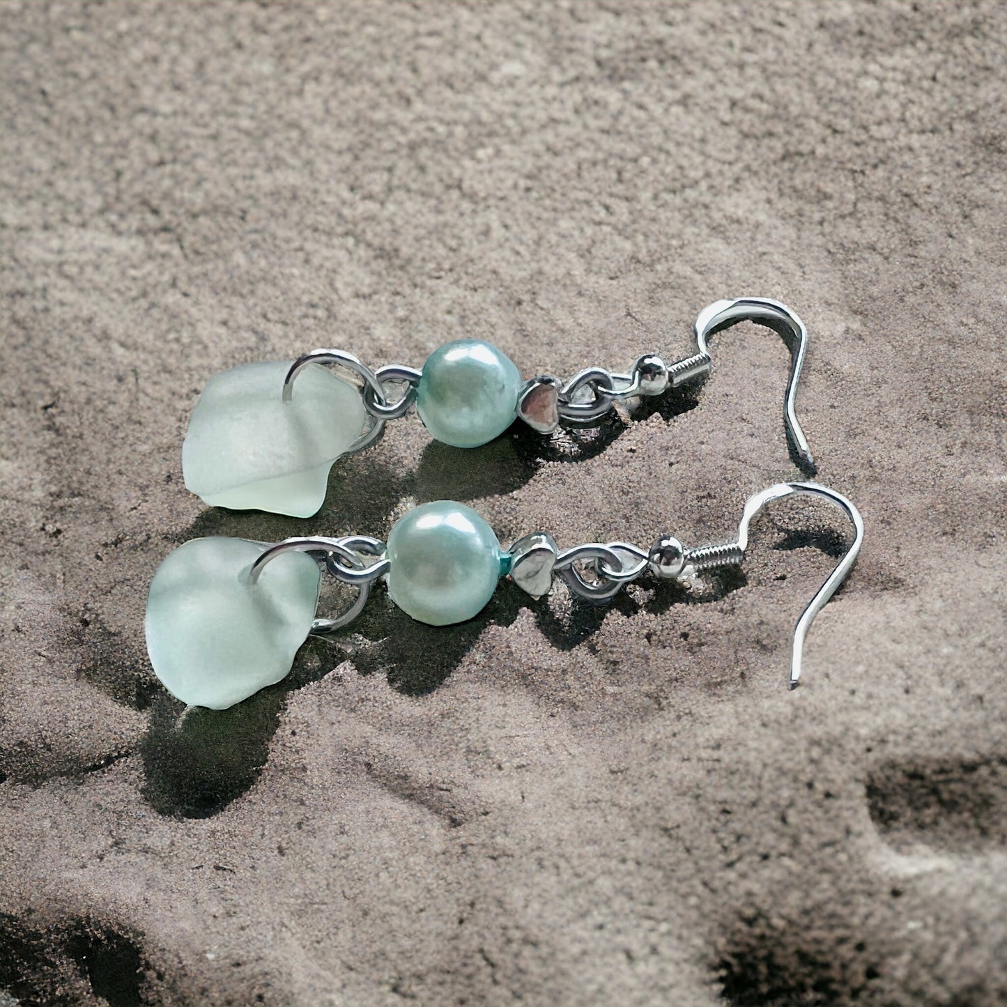 Sea Glass & Glass Pearl Mini Heart Drop Earrings