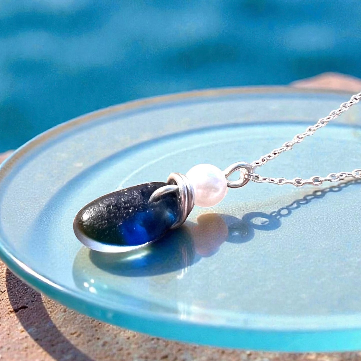 Deep Blue and Green Seaham Sea Glass Multi Pendant