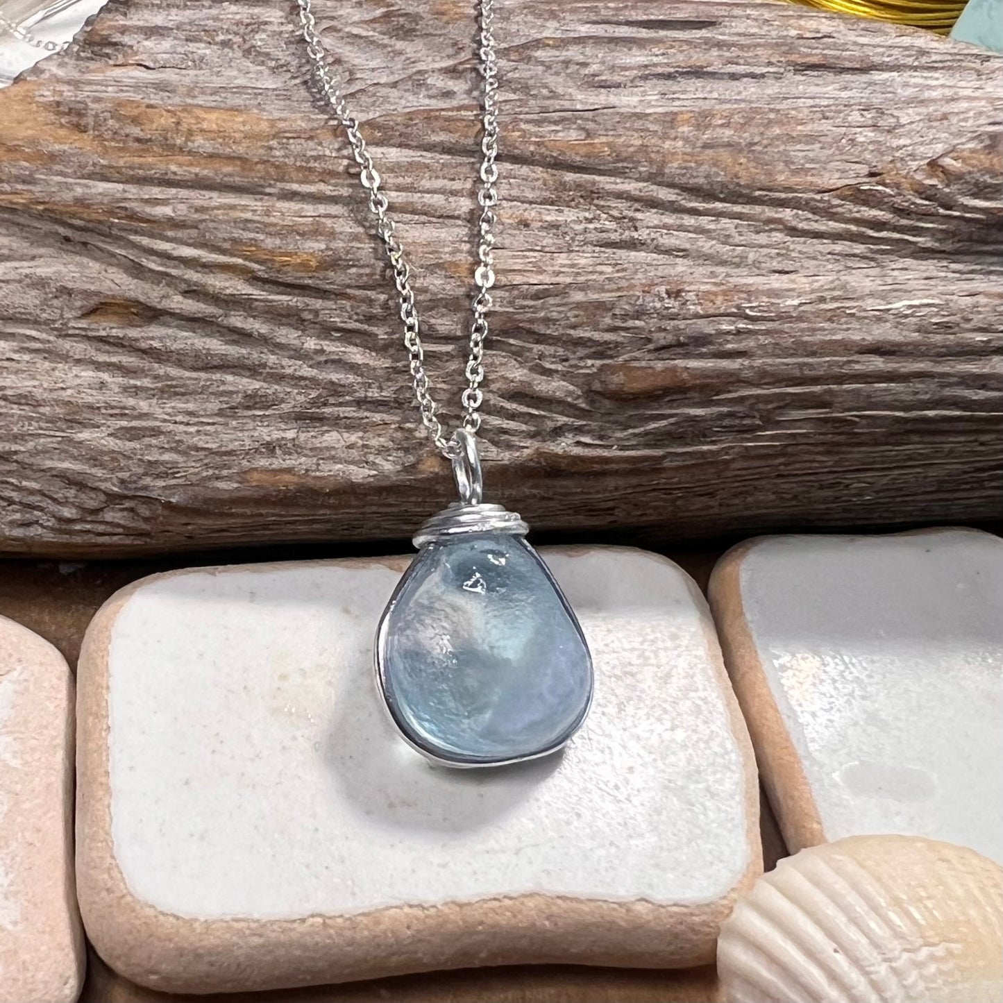 Chunky Pale Blue Seaham Sea Glass Pendant