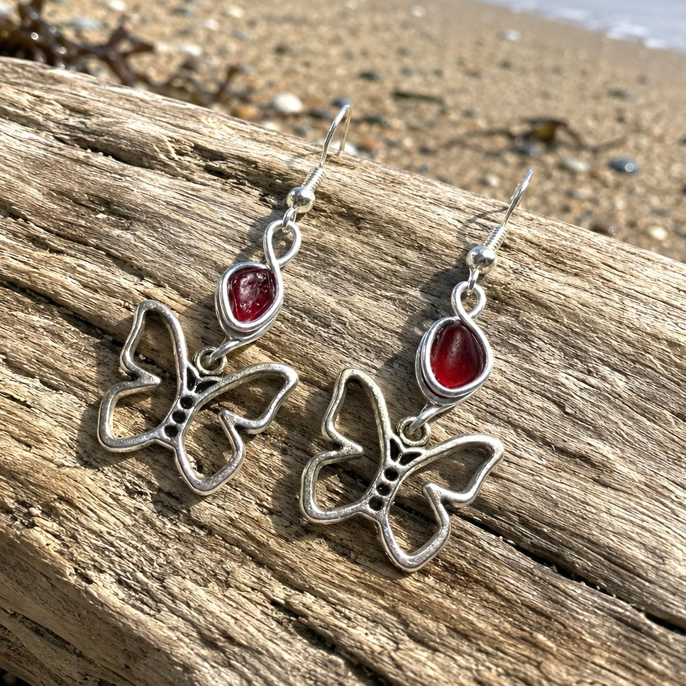 Rare Red Seaham Sea Glass Butterfly Charm Earrings