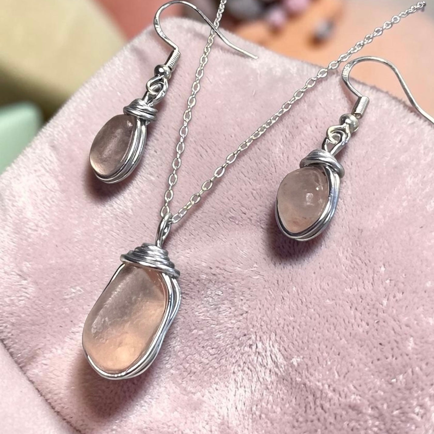 Pale Peach Pink Seaham Sea Glass Jewellery Set