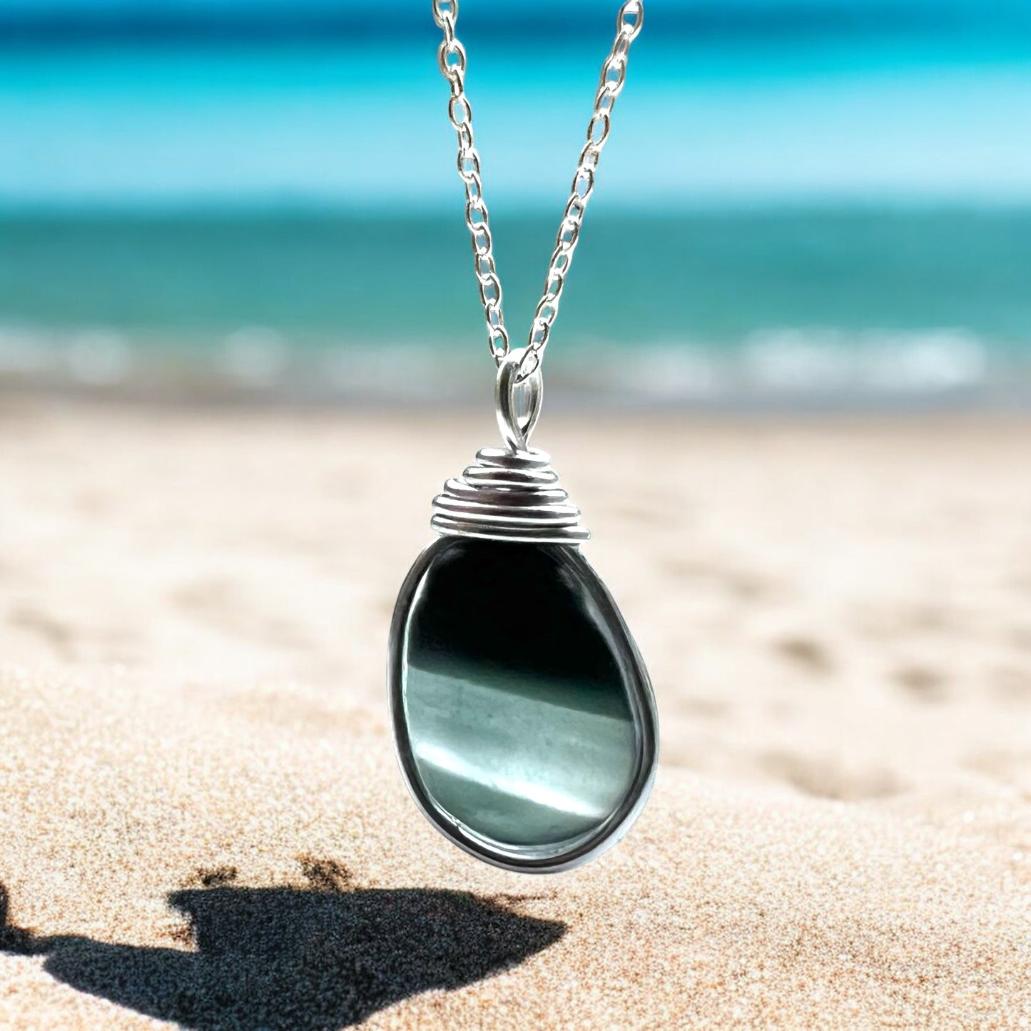 Rare Large Grey and Black Multi Tone Seaham Sea Glass Pendant