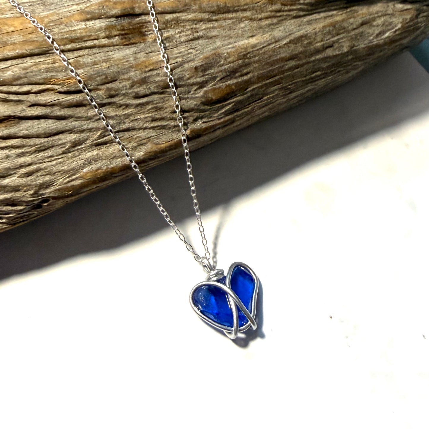 Deep Blue Seaham Sea Glass Heart Pendant