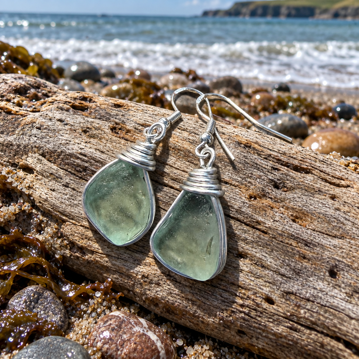 Pale Aqua Green Seaham Sea Glass Earrings