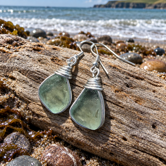 Pale Aqua Green Seaham Sea Glass Earrings