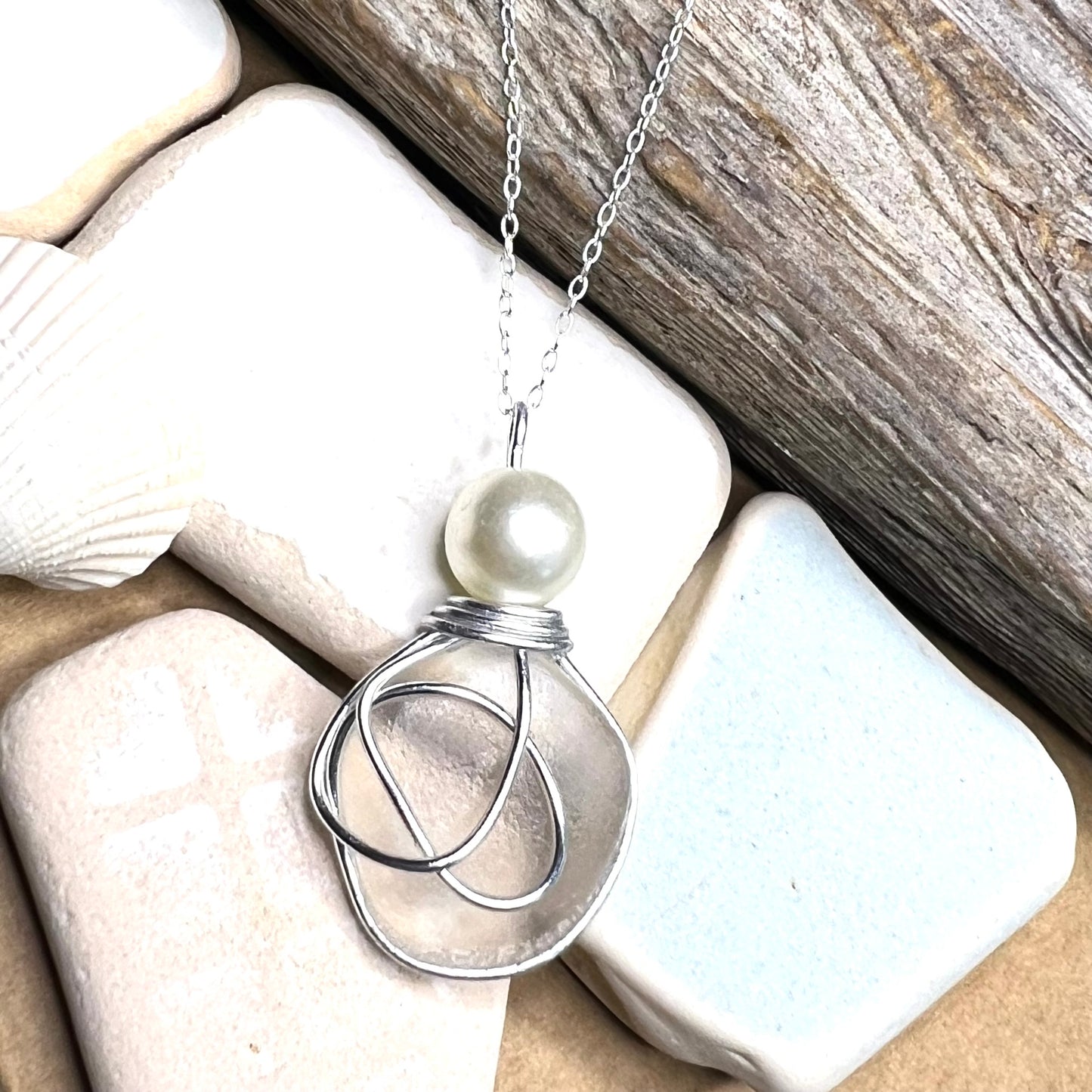 White Sea Glass & Glass Pearl Pendant