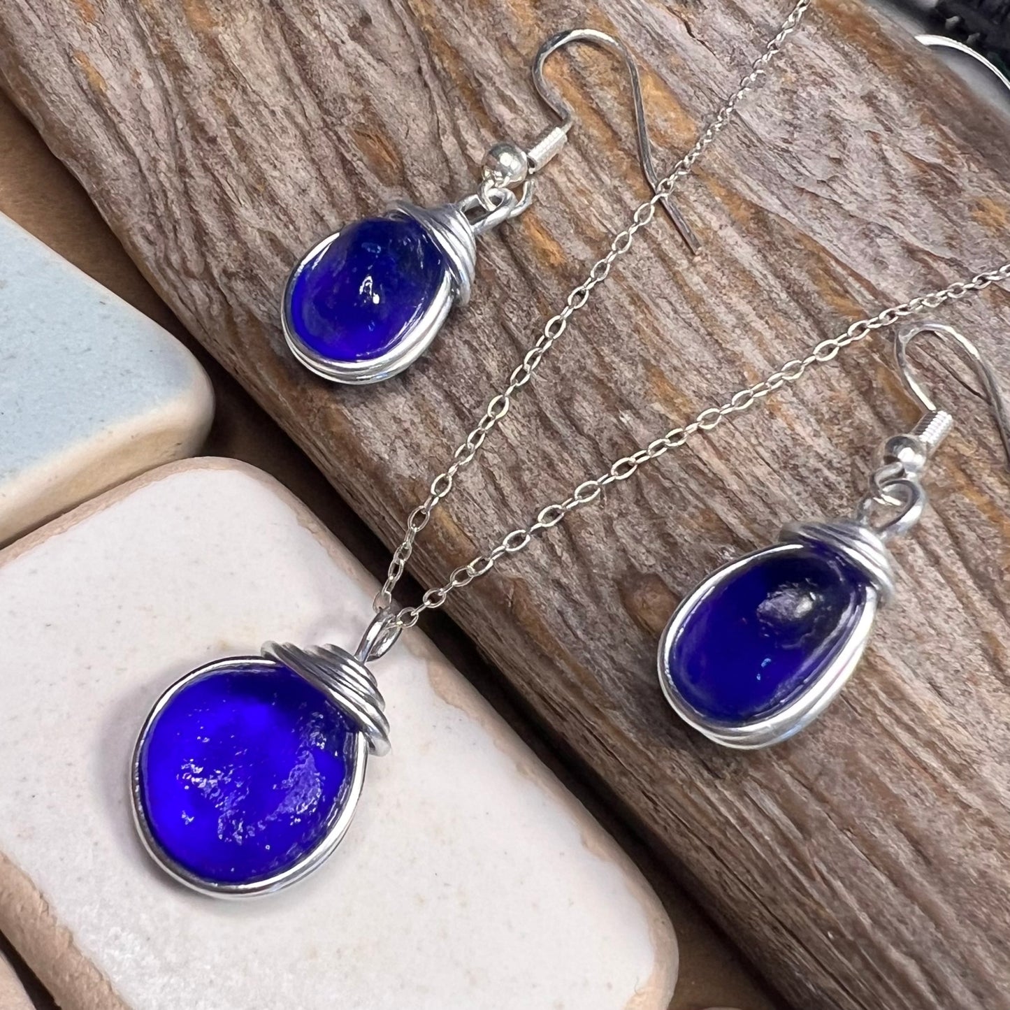 Deep Blue Seaham Sea Glass Jewellery Set