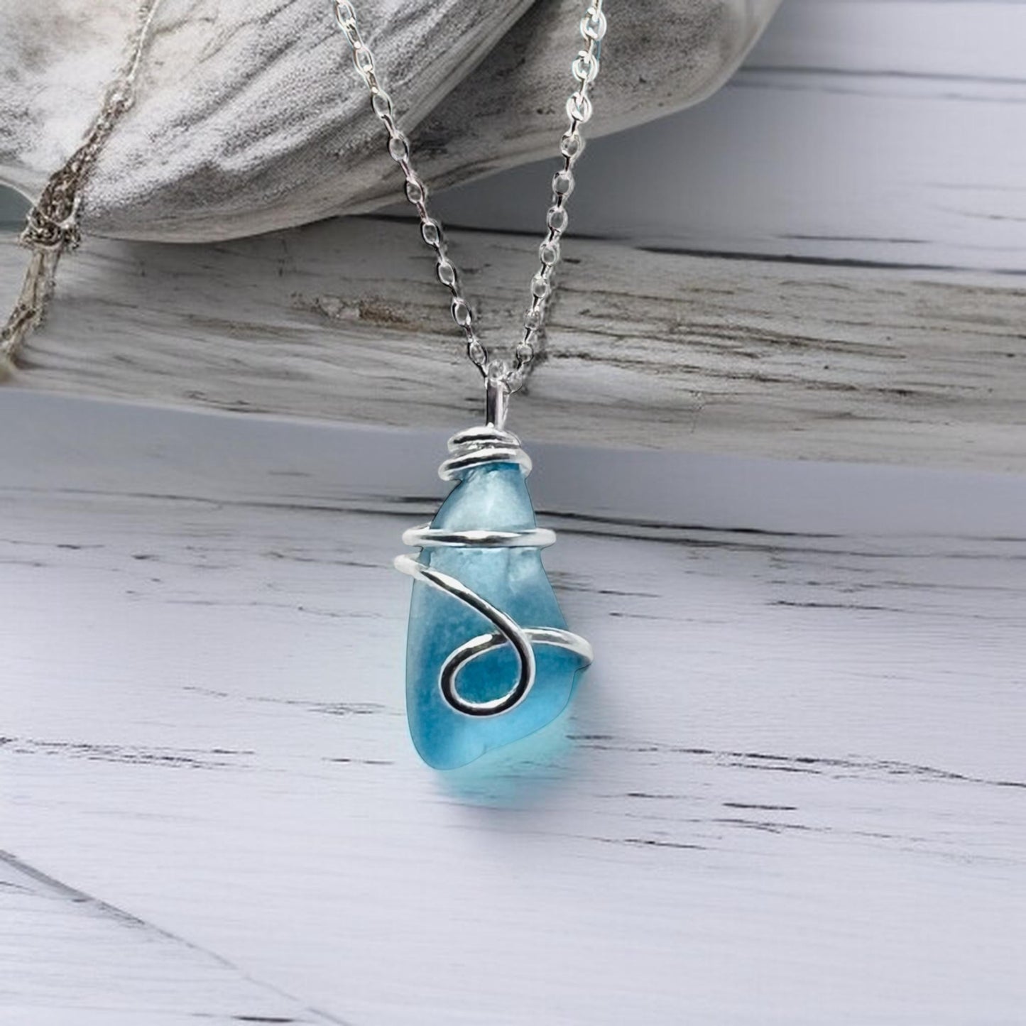 Rare Pale Bright Blue Seaham Sea Glass Pendant