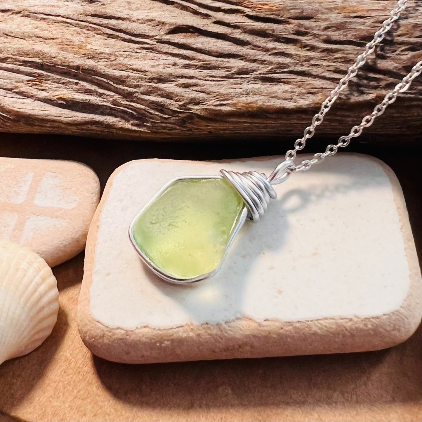Rare Lime Green Seaham Sea Glass Pendant