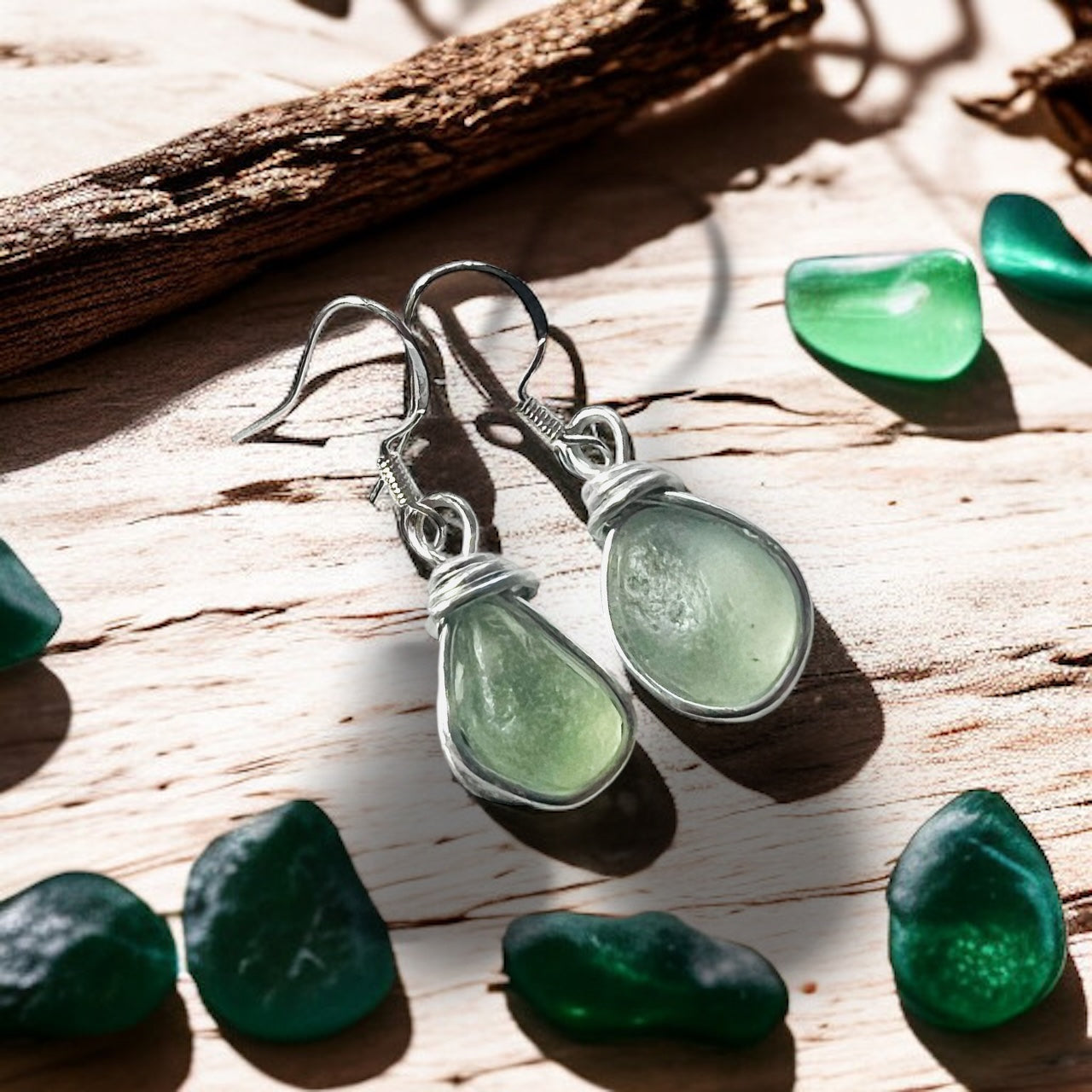 Pale Green Seaham Sea Glass Earrings