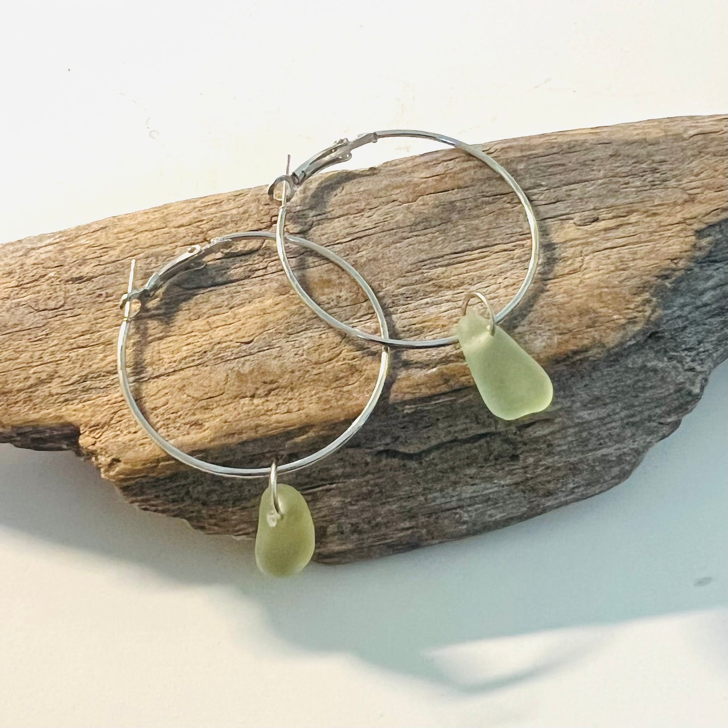 Pale Green Seaham Sea Glass Hoop Earrings