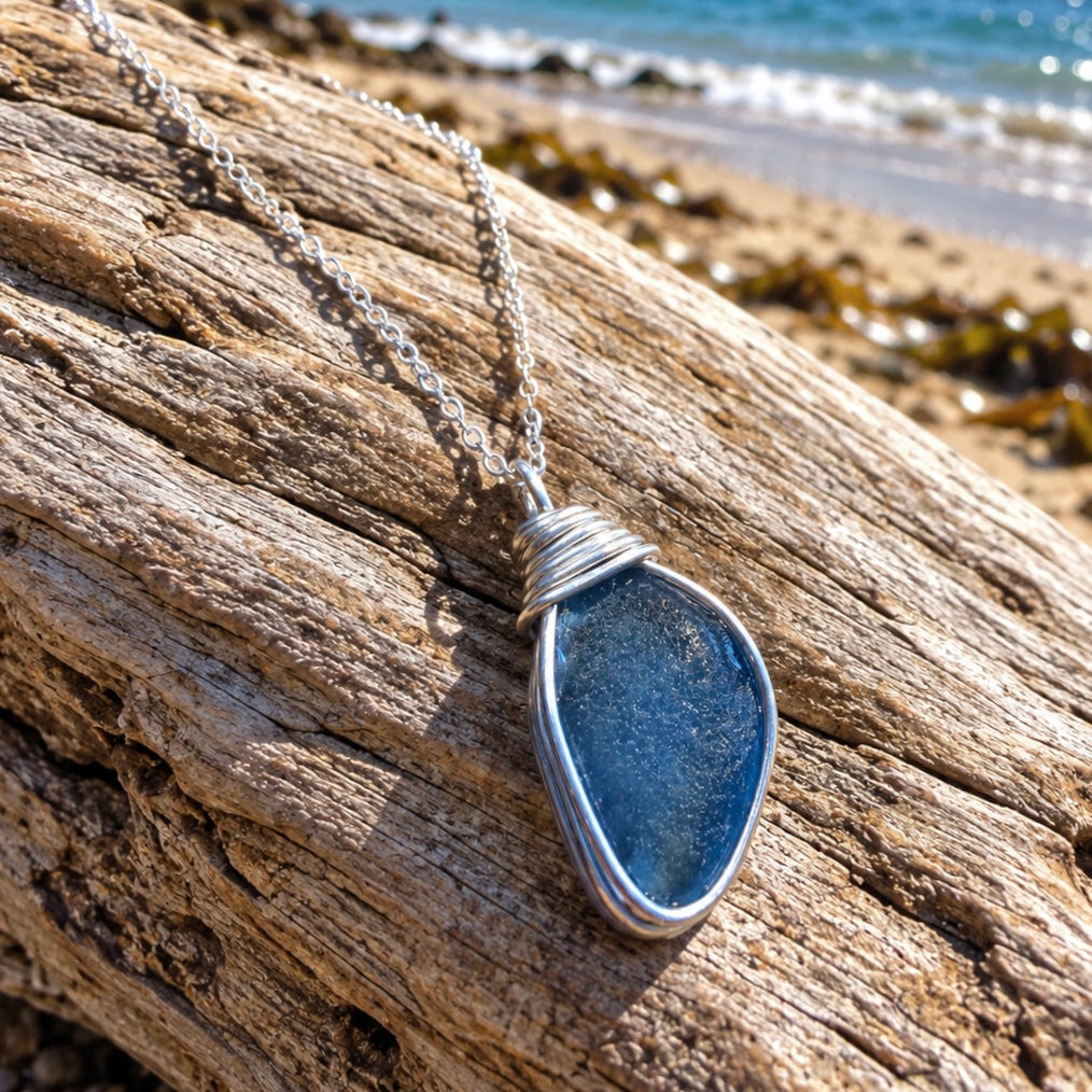 Large Mid Blue Seaham Sea Glass Pendant