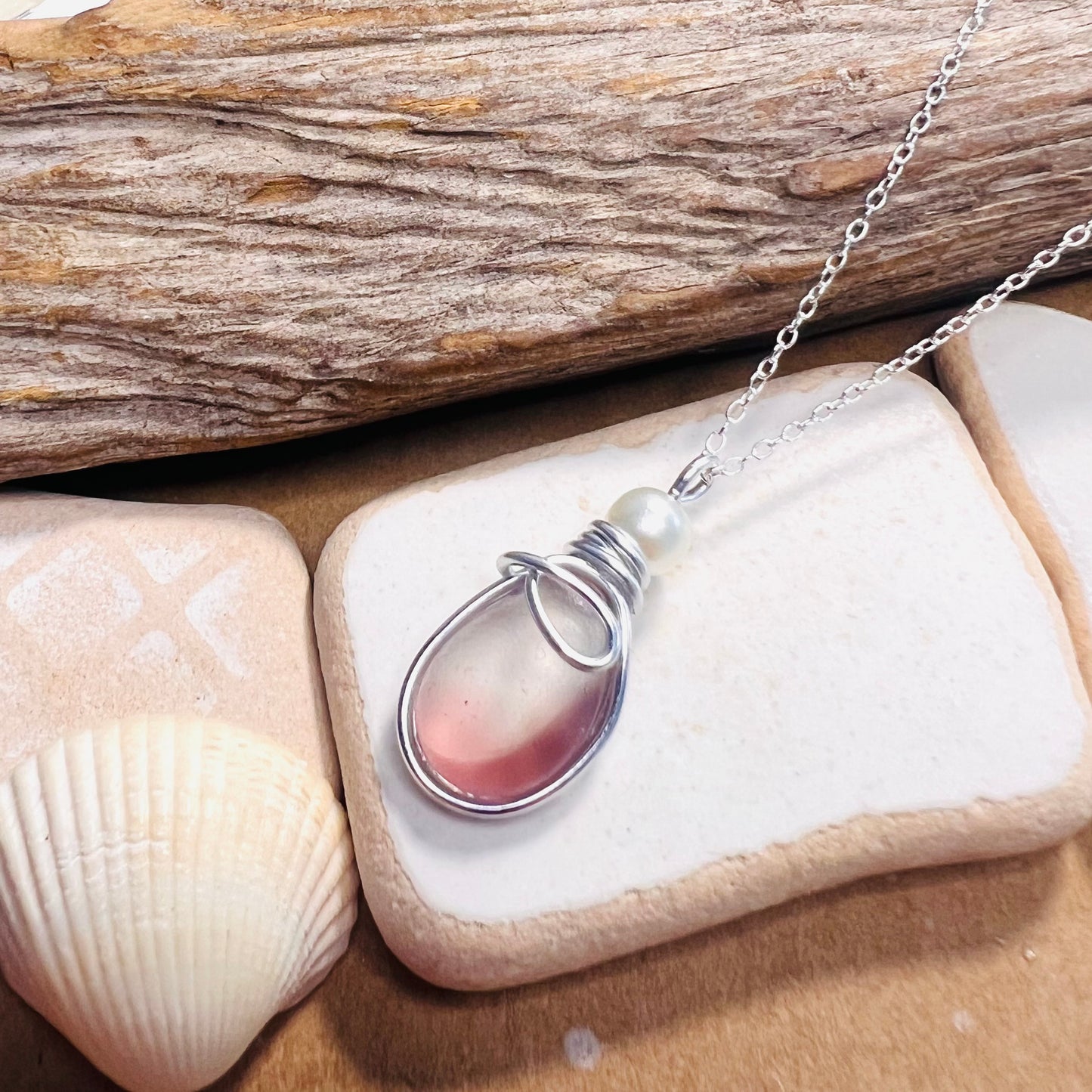 Mauve & White Seaham Sea Glass Multi Pendant
