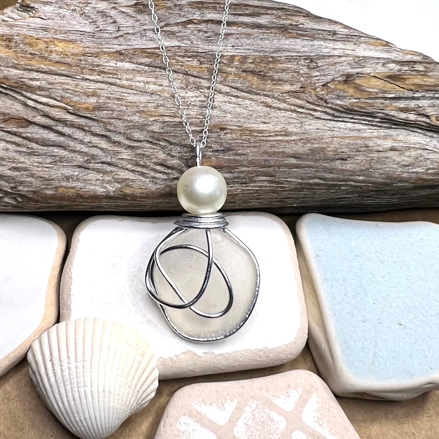 White Sea Glass & Glass Pearl Pendant